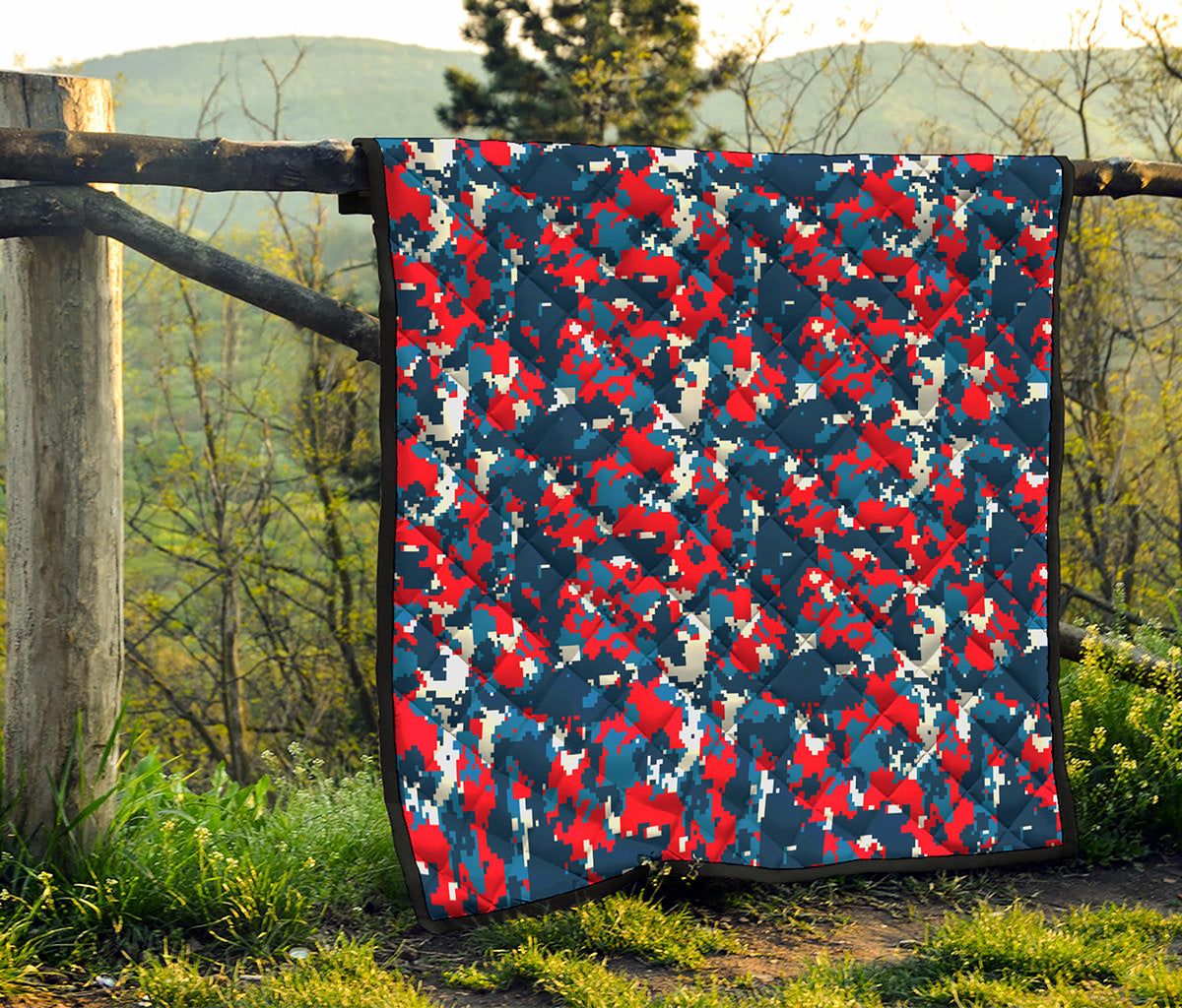 Blue Red And White Digital Camo Print Quilt