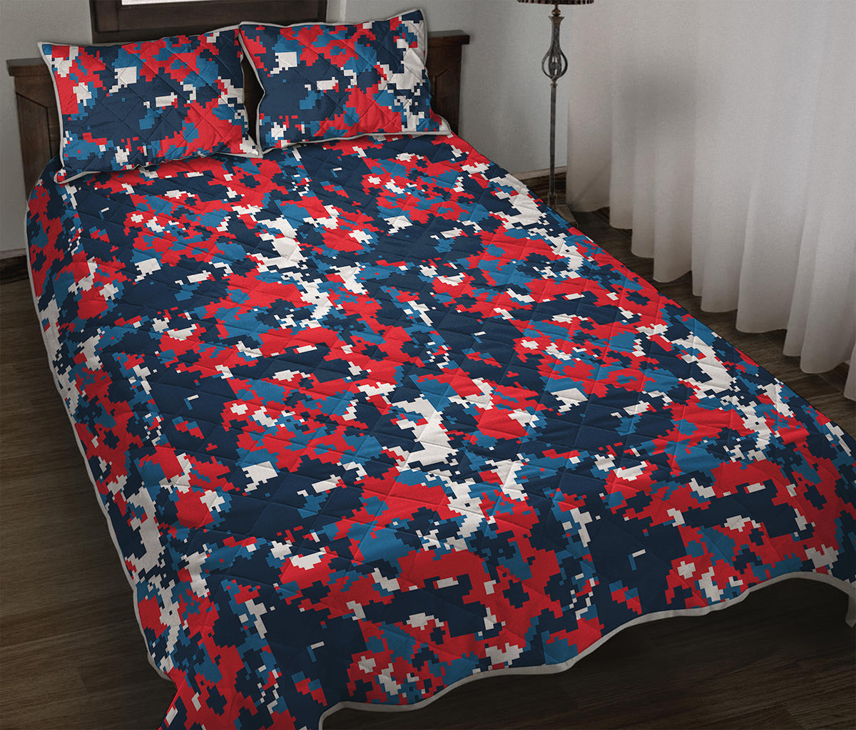 Blue Red And White Digital Camo Print Quilt Bed Set