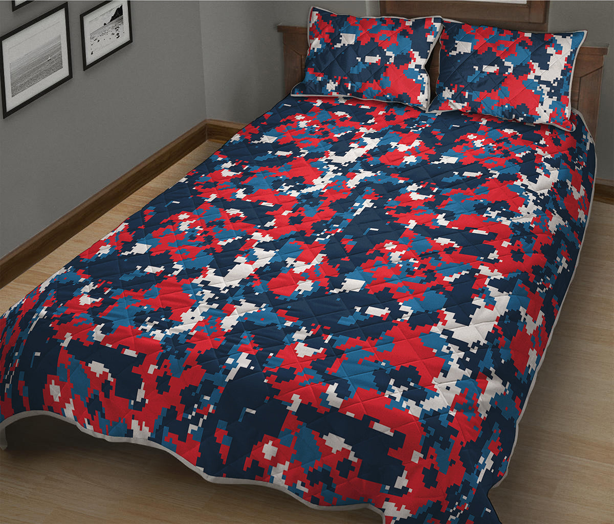 Blue Red And White Digital Camo Print Quilt Bed Set