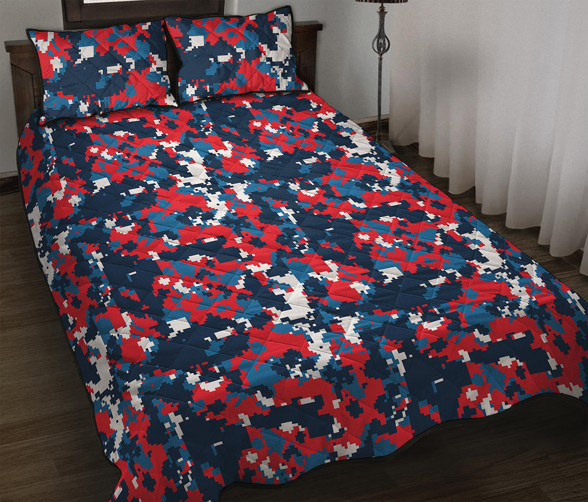 Blue Red And White Digital Camo Print Quilt Bed Set