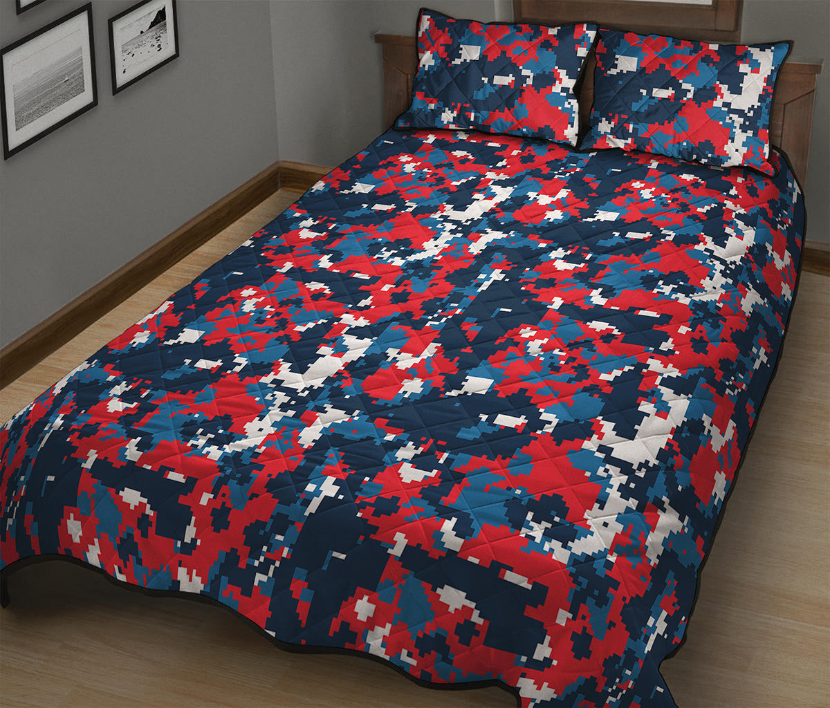 Blue Red And White Digital Camo Print Quilt Bed Set