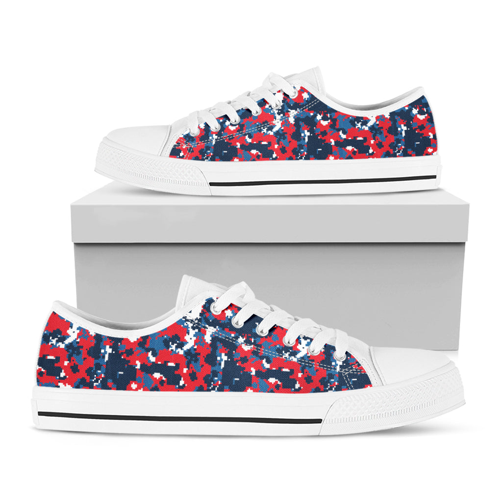 Blue Red And White Digital Camo Print White Low Top Shoes