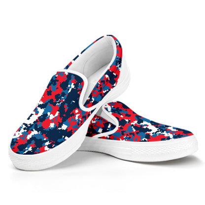 Blue Red And White Digital Camo Print White Slip On Shoes