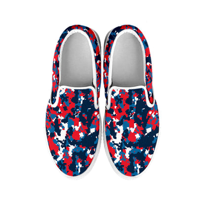 Blue Red And White Digital Camo Print White Slip On Shoes