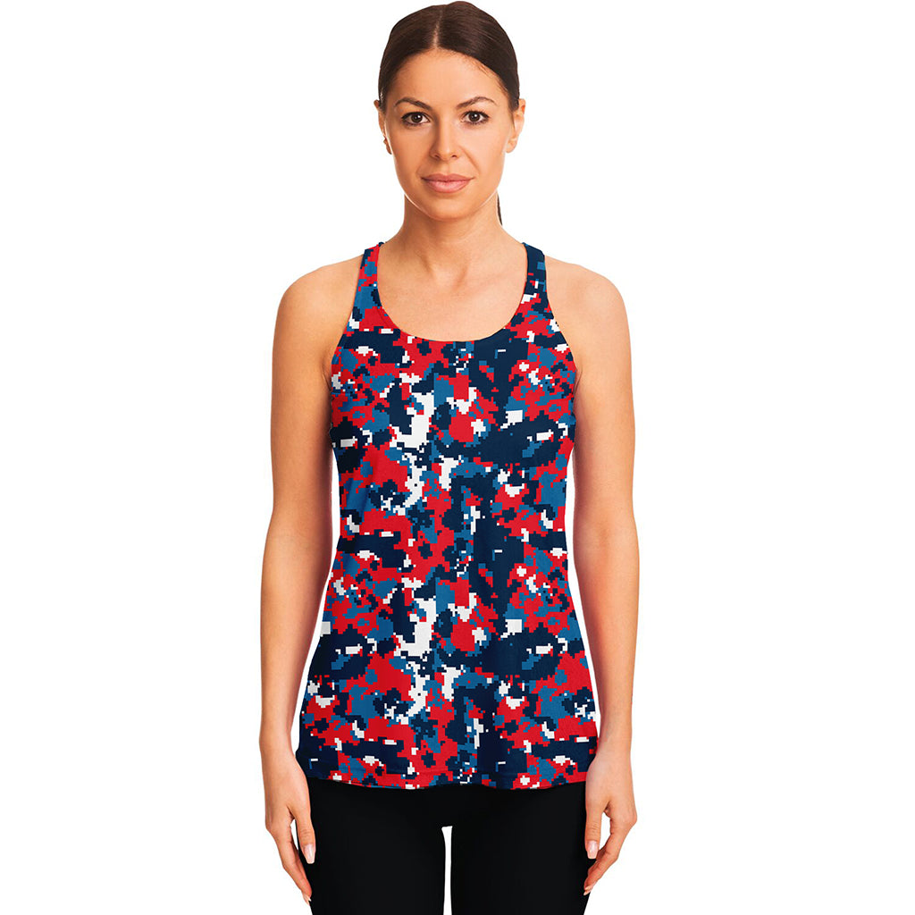 Blue Red And White Digital Camo Print Women's Racerback Tank Top