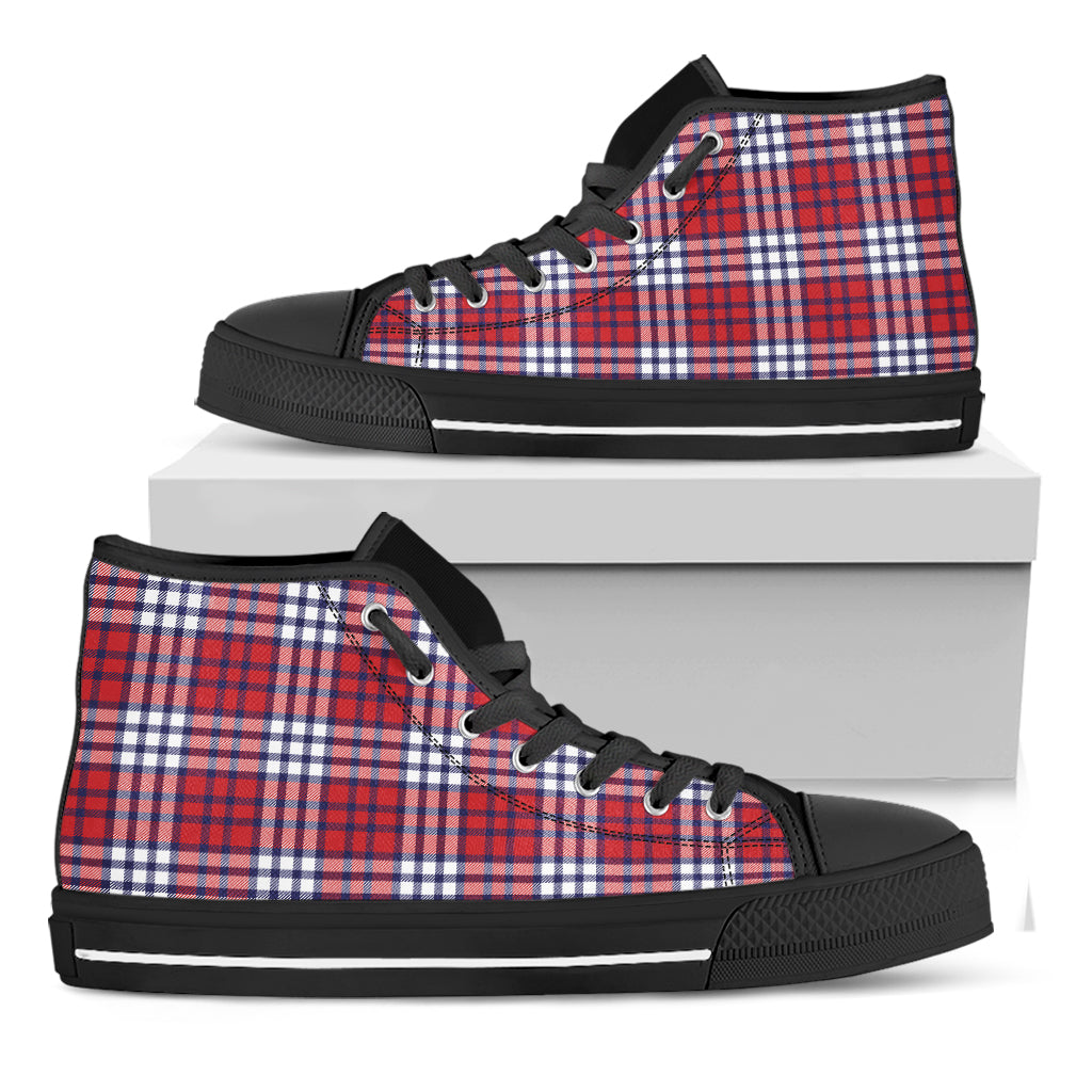 Blue Red And White USA Plaid Print Black High Top Shoes