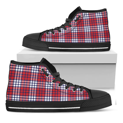 Blue Red And White USA Plaid Print Black High Top Shoes
