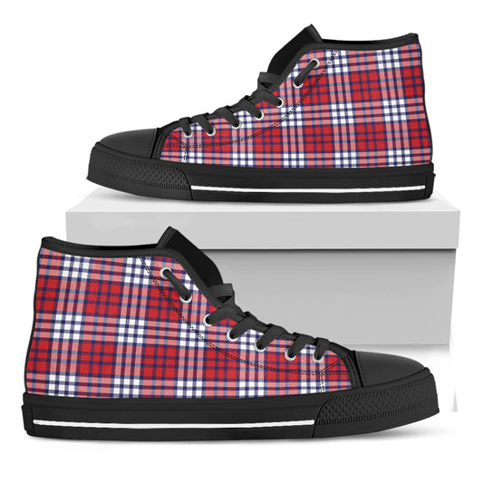 Blue Red And White USA Plaid Print Black High Top Shoes