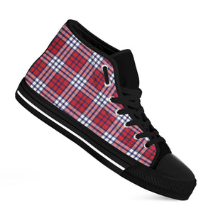 Blue Red And White USA Plaid Print Black High Top Shoes