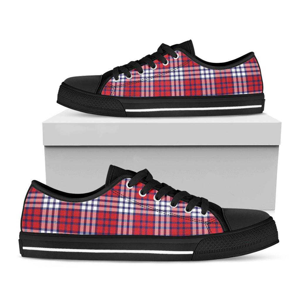 Blue Red And White USA Plaid Print Black Low Top Shoes