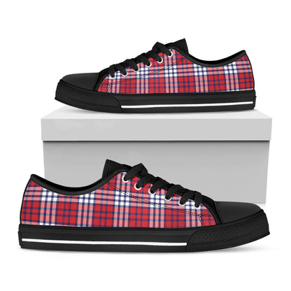 Blue Red And White USA Plaid Print Black Low Top Shoes