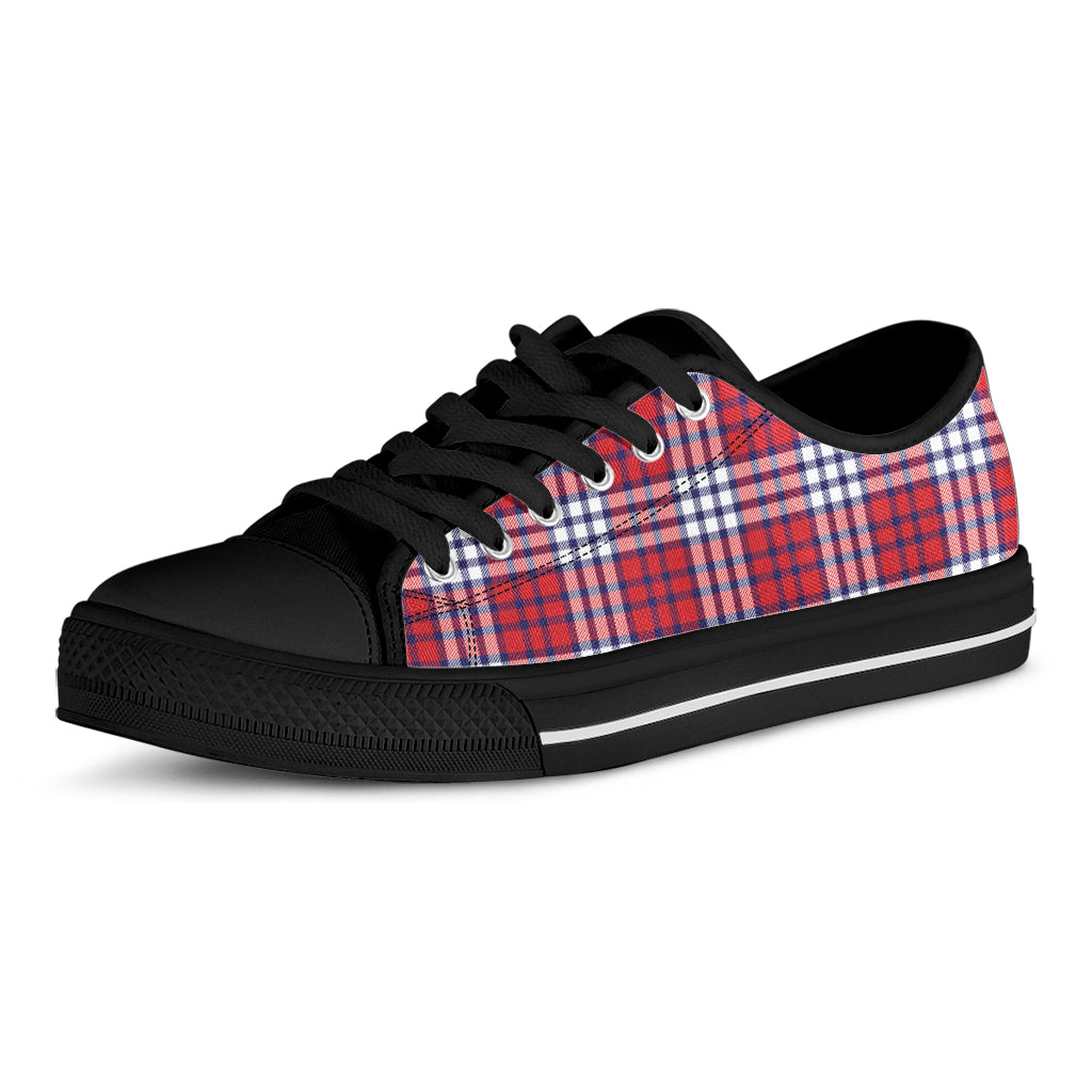 Blue Red And White USA Plaid Print Black Low Top Shoes