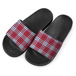 Blue Red And White USA Plaid Print Black Slide Sandals