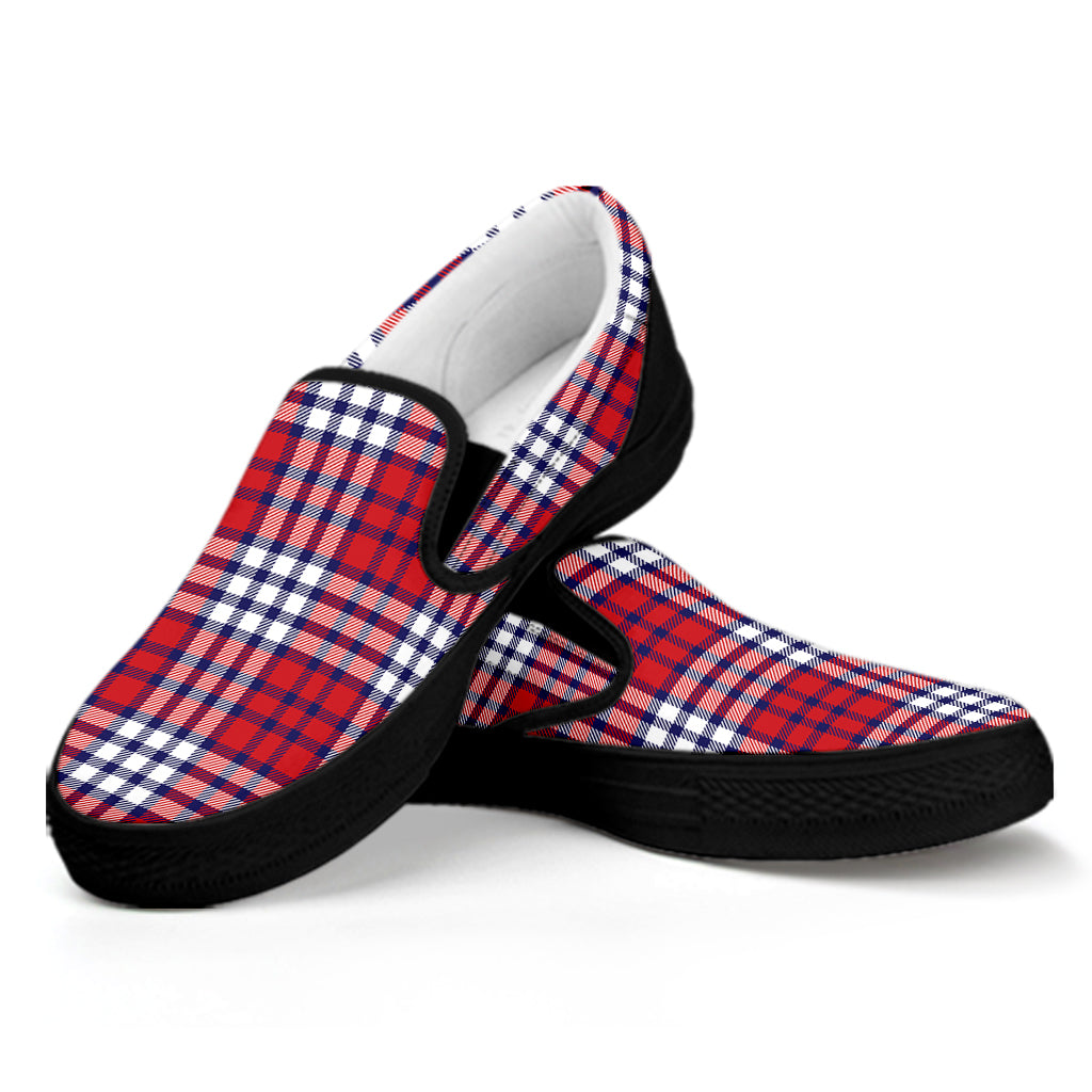 Blue Red And White USA Plaid Print Black Slip On Shoes