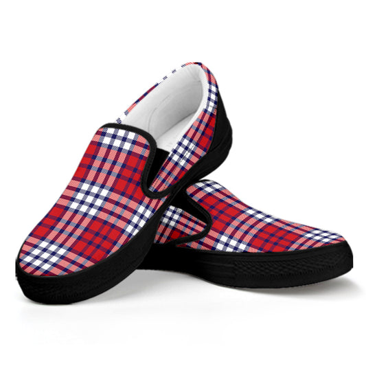 Blue Red And White USA Plaid Print Black Slip On Shoes