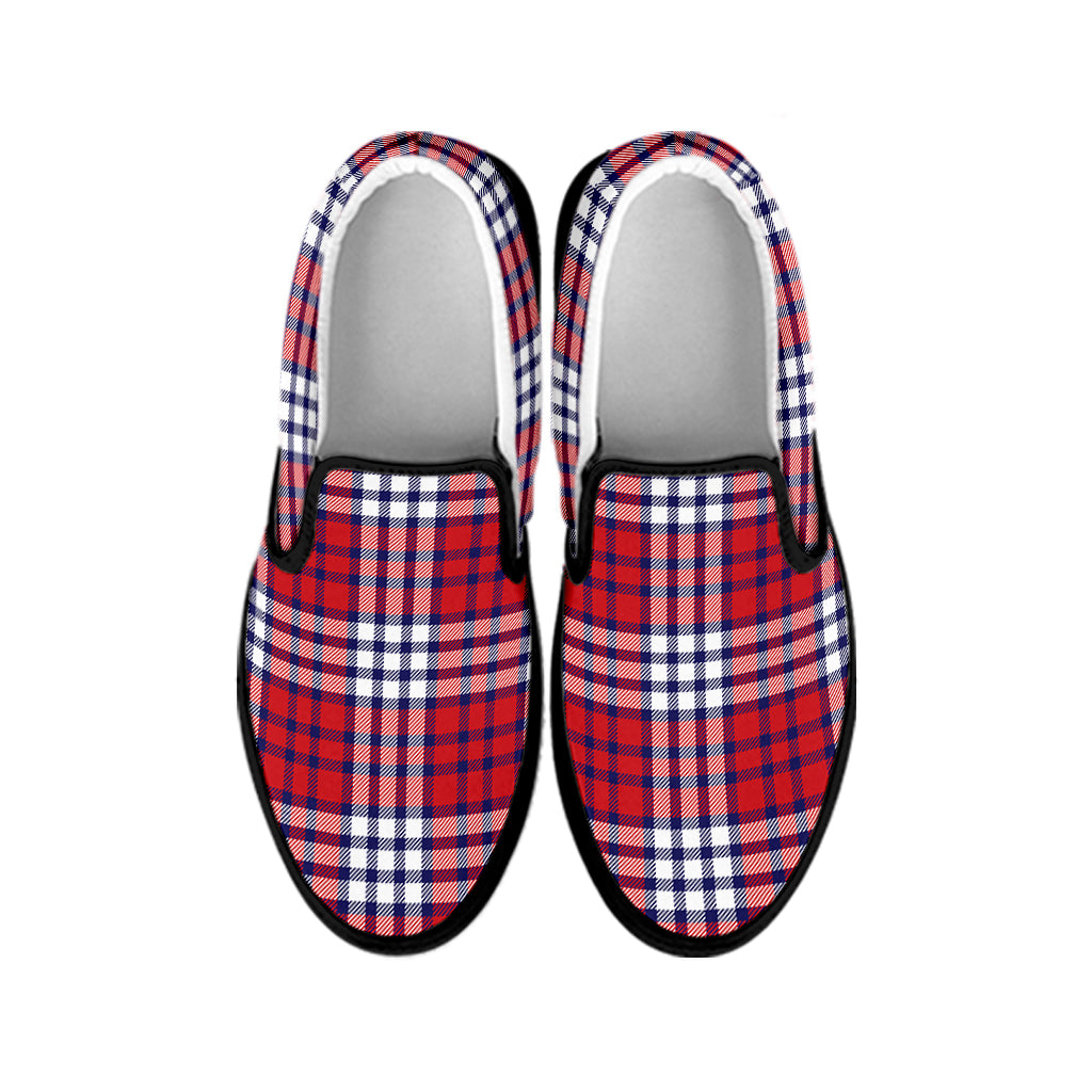 Blue Red And White USA Plaid Print Black Slip On Shoes
