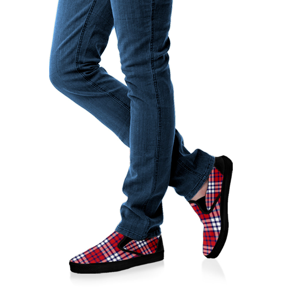 Blue Red And White USA Plaid Print Black Slip On Shoes