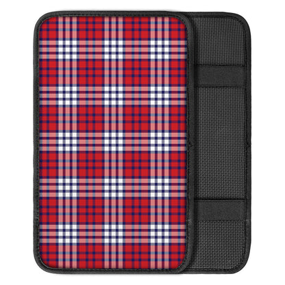 Blue Red And White USA Plaid Print Car Center Console Cover
