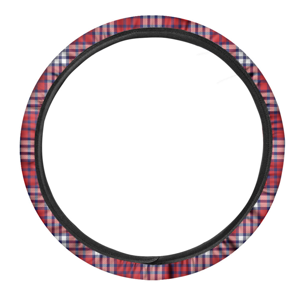 Blue Red And White USA Plaid Print Car Steering Wheel Cover