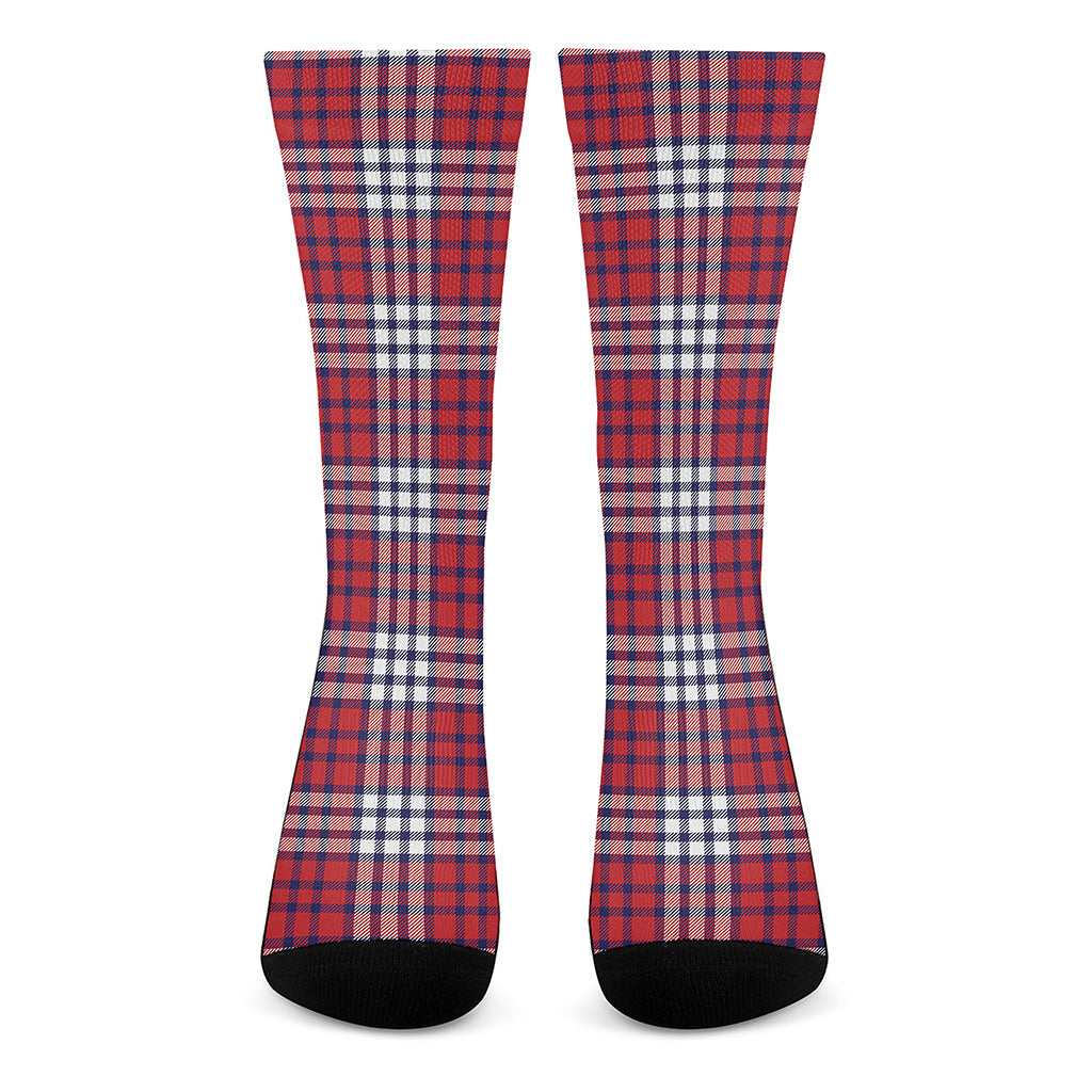 Blue Red And White USA Plaid Print Crew Socks