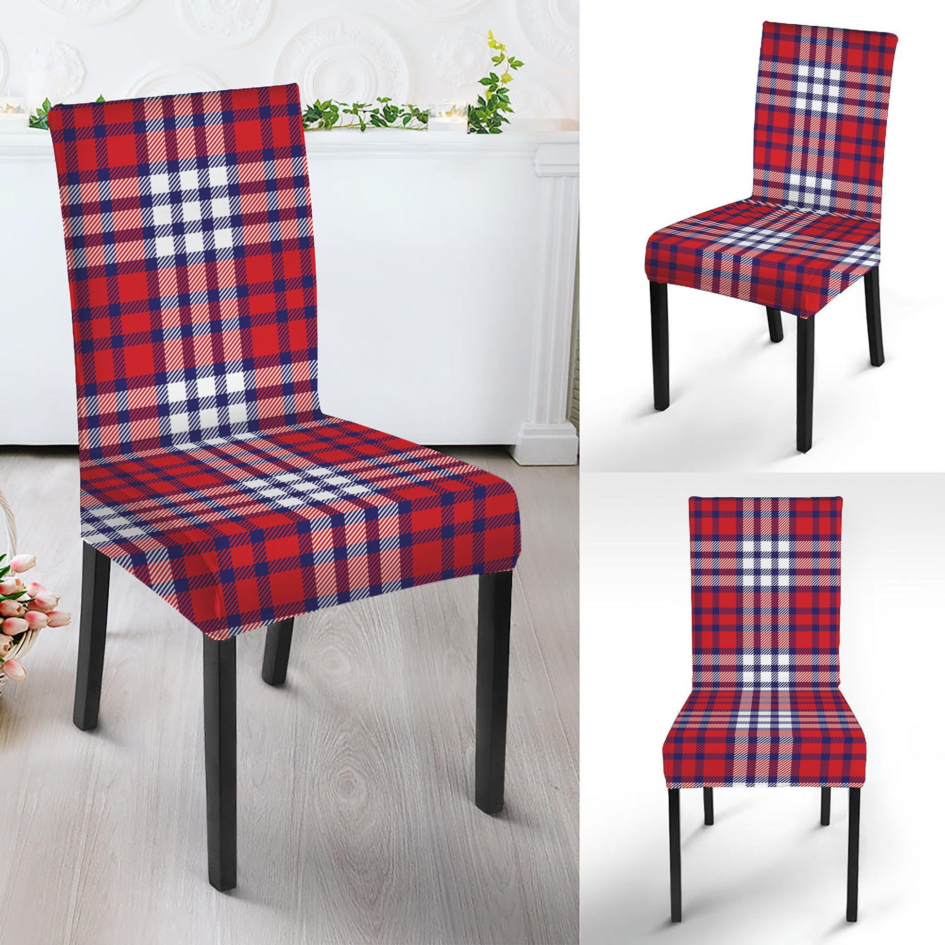 Blue Red And White USA Plaid Print Dining Chair Slipcover