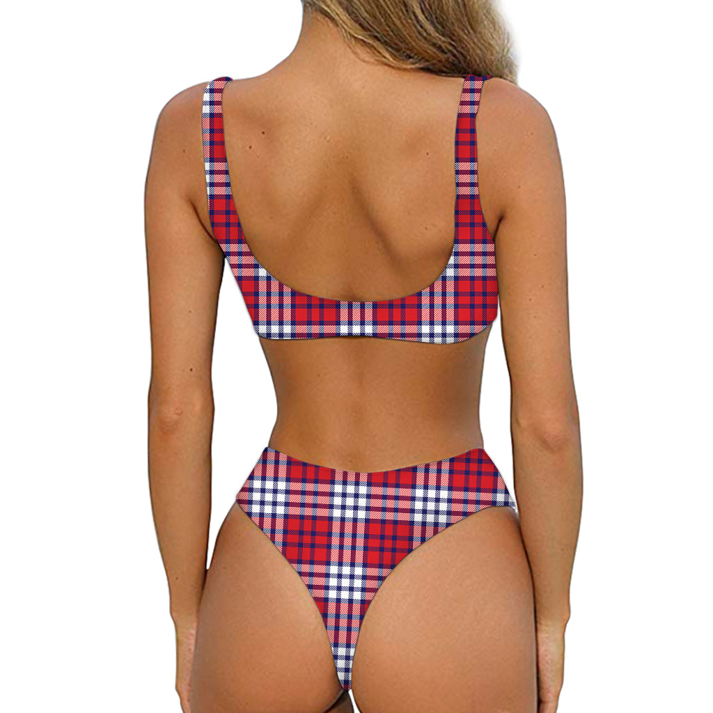 Blue Red And White USA Plaid Print Front Bow Tie Bikini
