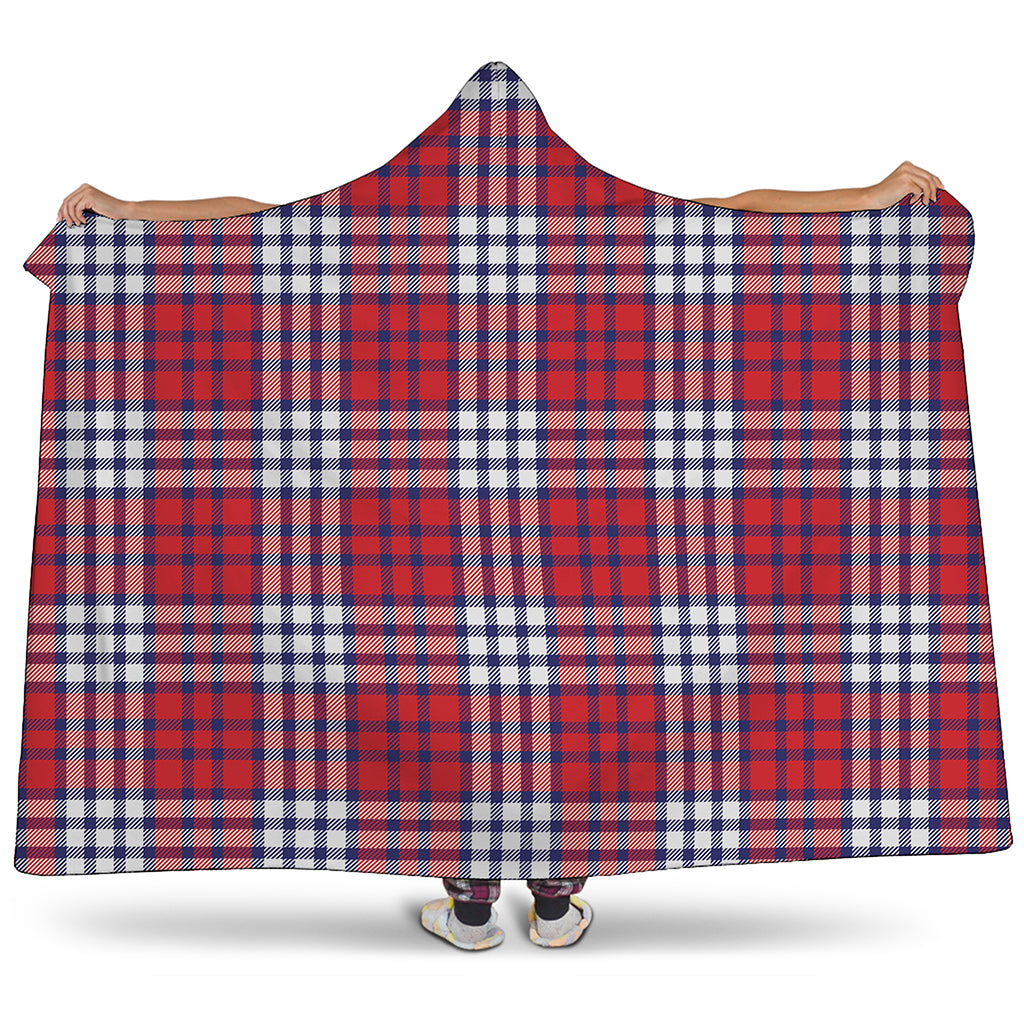 Blue Red And White USA Plaid Print Hooded Blanket