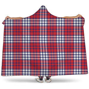 Blue Red And White USA Plaid Print Hooded Blanket