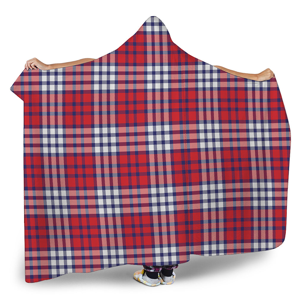 Blue Red And White USA Plaid Print Hooded Blanket