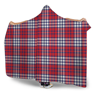 Blue Red And White USA Plaid Print Hooded Blanket