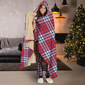 Blue Red And White USA Plaid Print Hooded Blanket