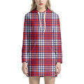 Blue Red And White USA Plaid Print Pullover Hoodie Dress