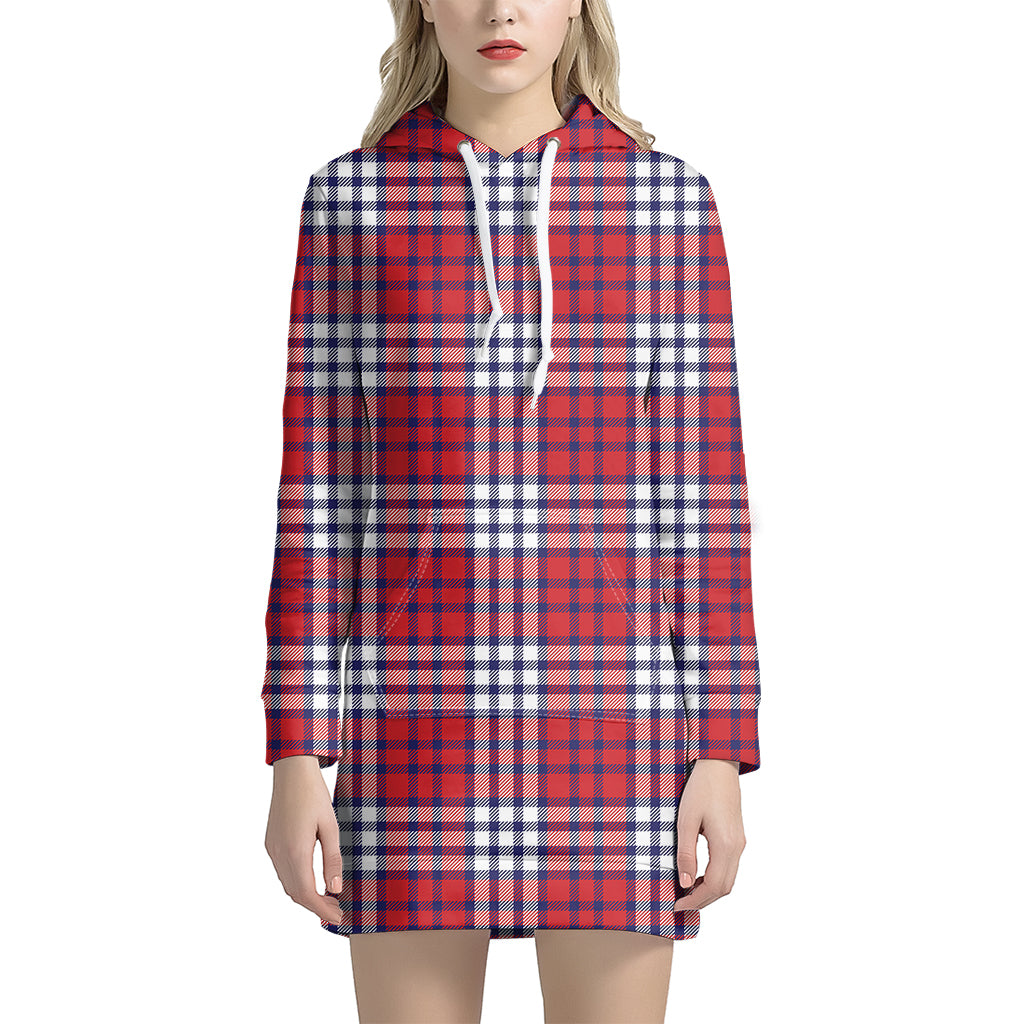 Blue Red And White USA Plaid Print Hoodie Dress