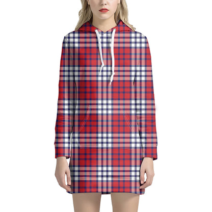Blue Red And White USA Plaid Print Hoodie Dress