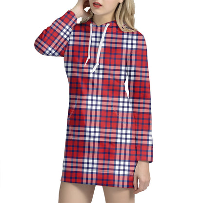 Blue Red And White USA Plaid Print Hoodie Dress