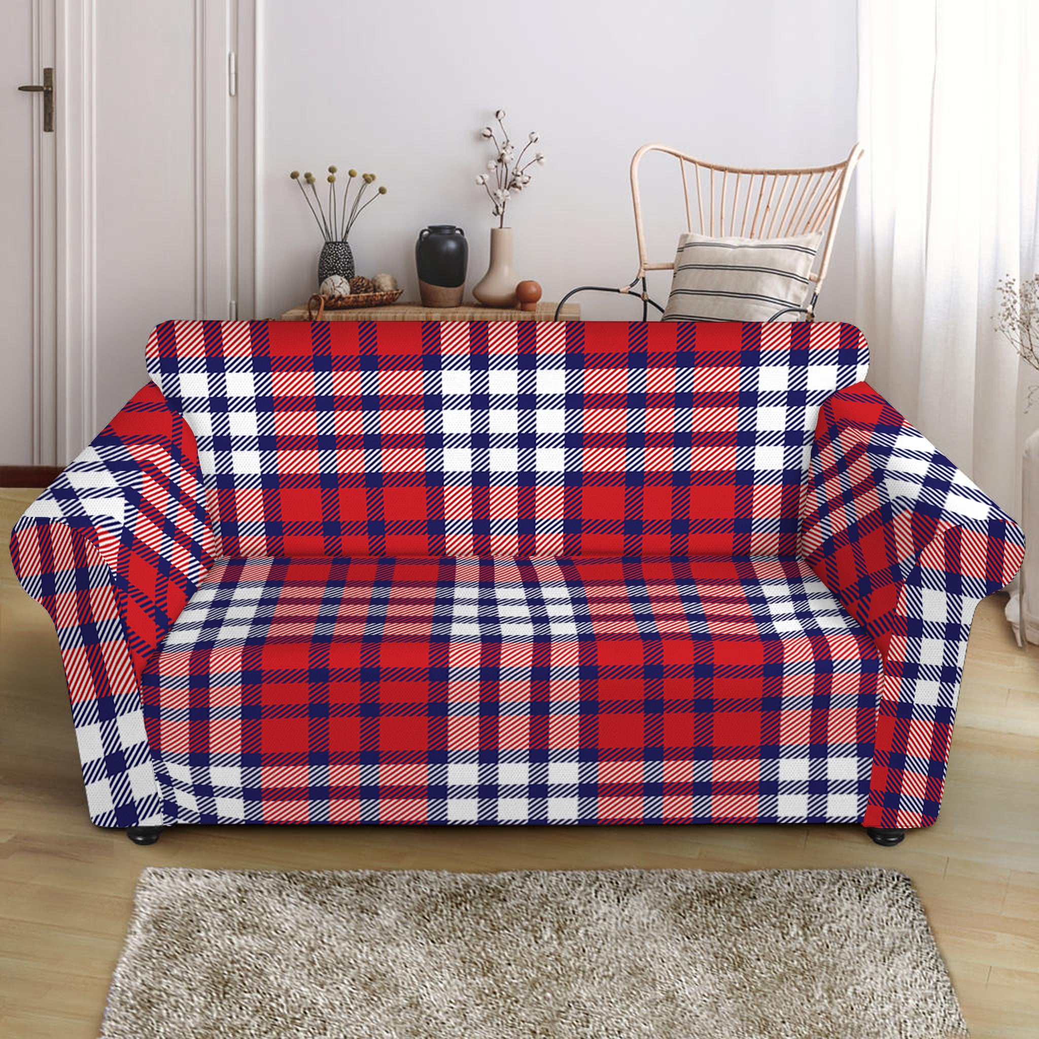 Blue Red And White USA Plaid Print Loveseat Slipcover