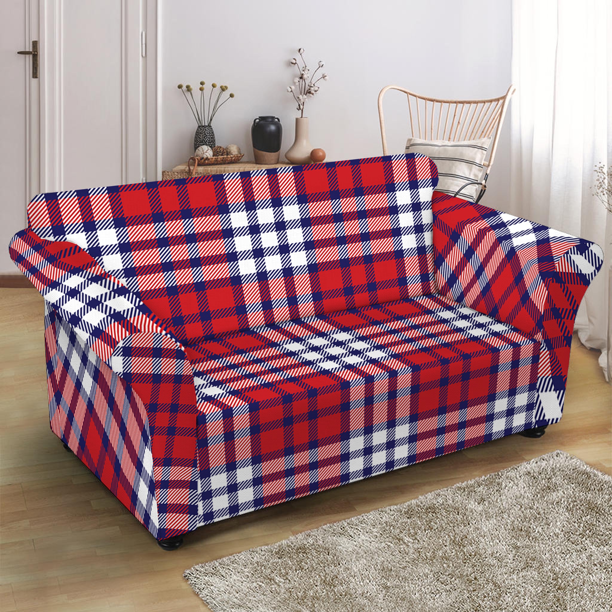 Blue Red And White USA Plaid Print Loveseat Slipcover