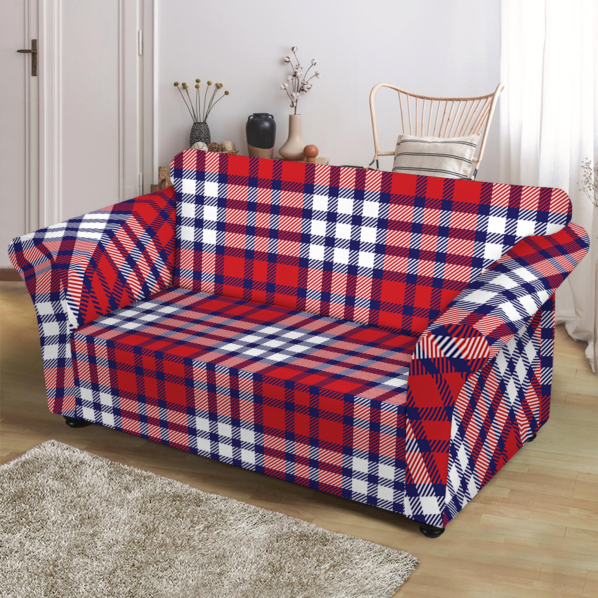 Blue Red And White USA Plaid Print Loveseat Slipcover