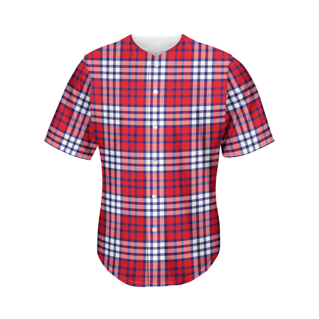 Blue Red And White USA Plaid Print Men's Baseball Jersey