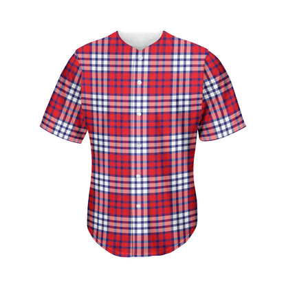 Blue Red And White USA Plaid Print Men's Baseball Jersey