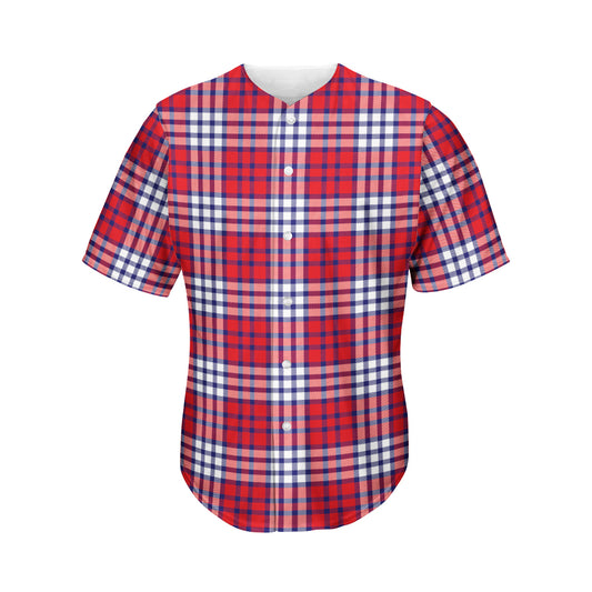 Blue Red And White USA Plaid Print Men's Baseball Jersey