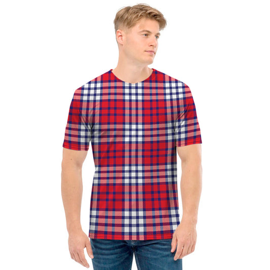 Blue Red And White USA Plaid Print Men's T-Shirt