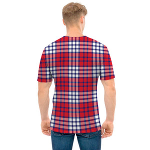 Blue Red And White USA Plaid Print Men's T-Shirt