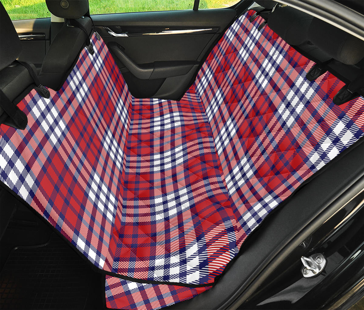 Blue Red And White USA Plaid Print Pet Car Back Seat Cover