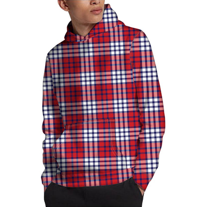 Blue Red And White USA Plaid Print Pullover Hoodie