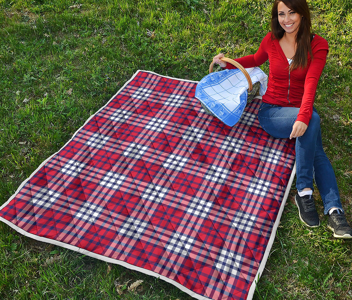 Blue Red And White USA Plaid Print Quilt