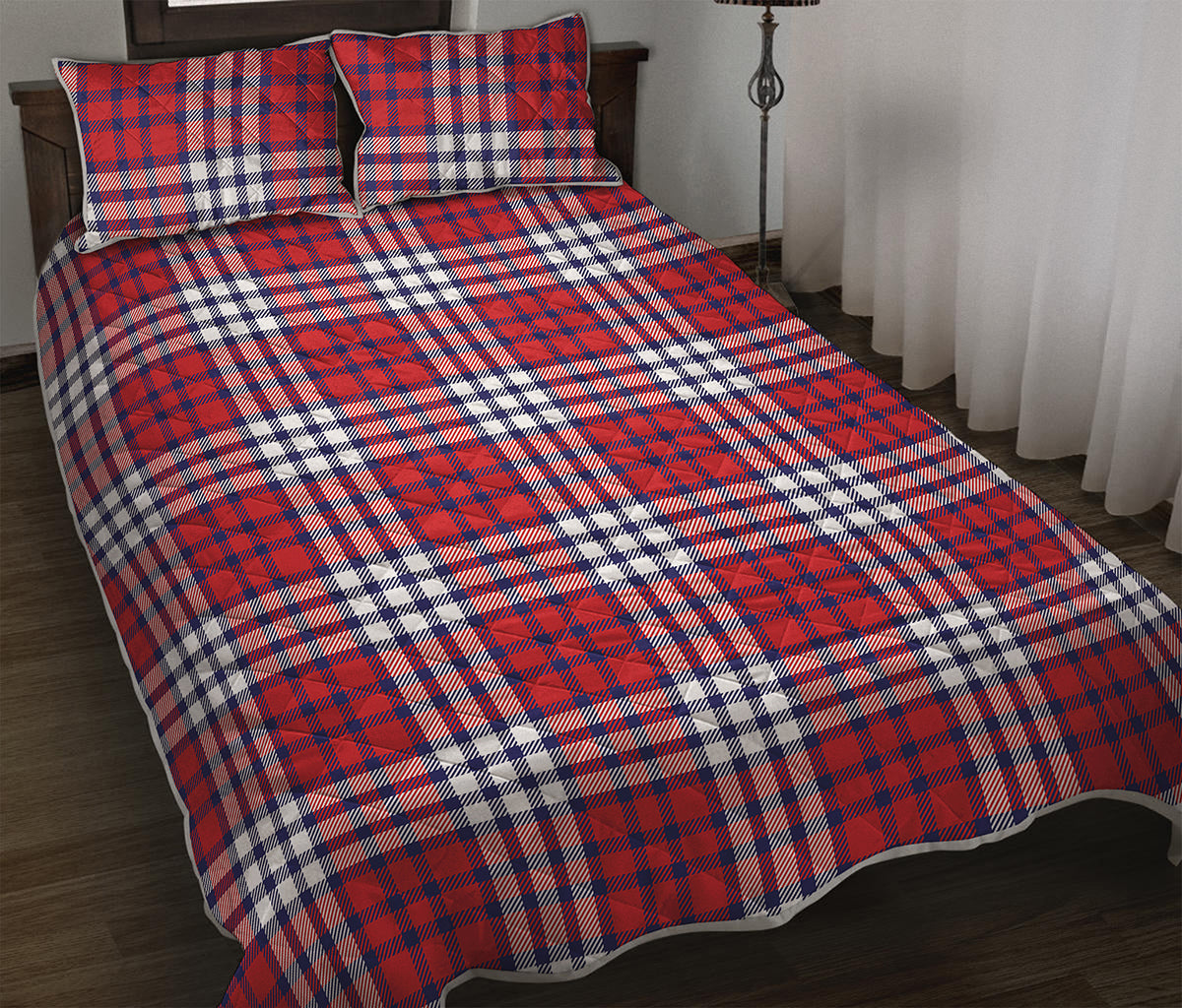 Blue Red And White USA Plaid Print Quilt Bed Set