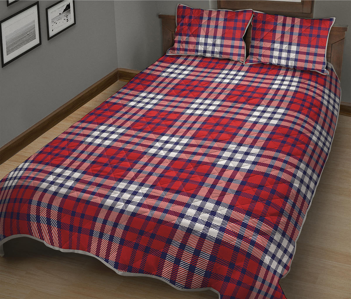 Blue Red And White USA Plaid Print Quilt Bed Set