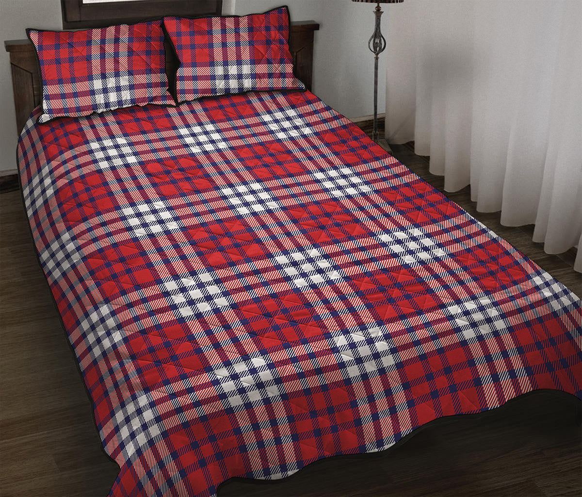 Blue Red And White USA Plaid Print Quilt Bed Set