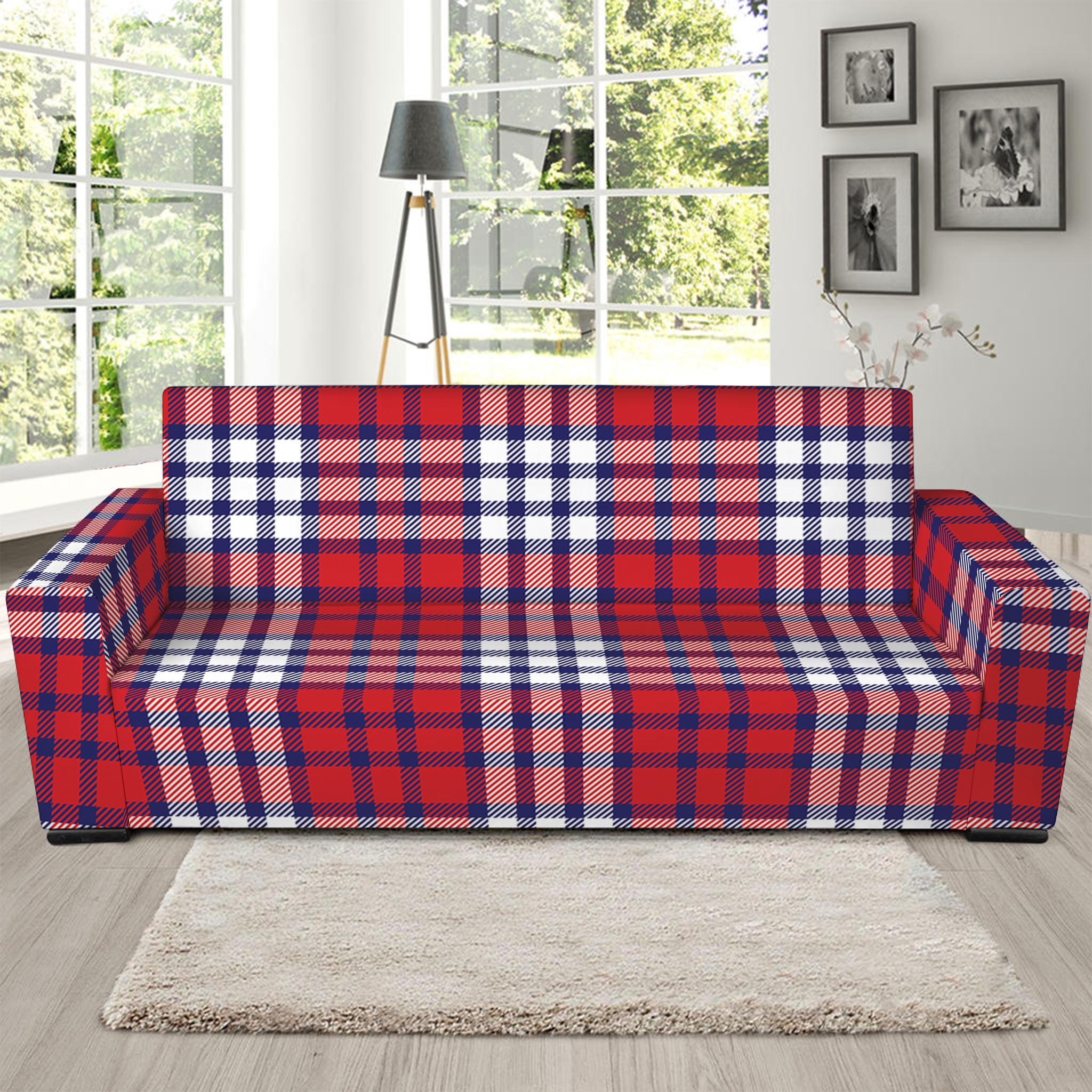 Blue Red And White USA Plaid Print Sofa Slipcover